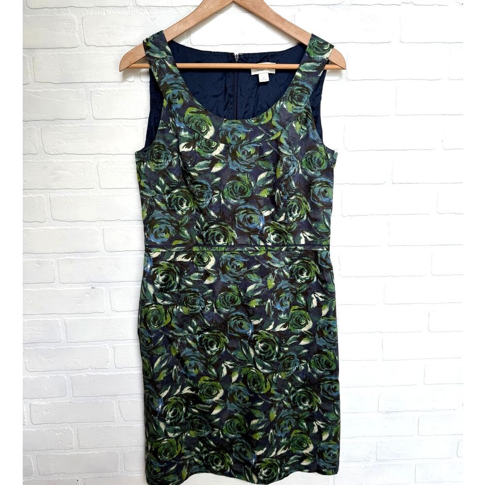 LOFT Women's Blue Rose Floral Shift Pencil Dress Sleeveless Cotton Blend sz 10
